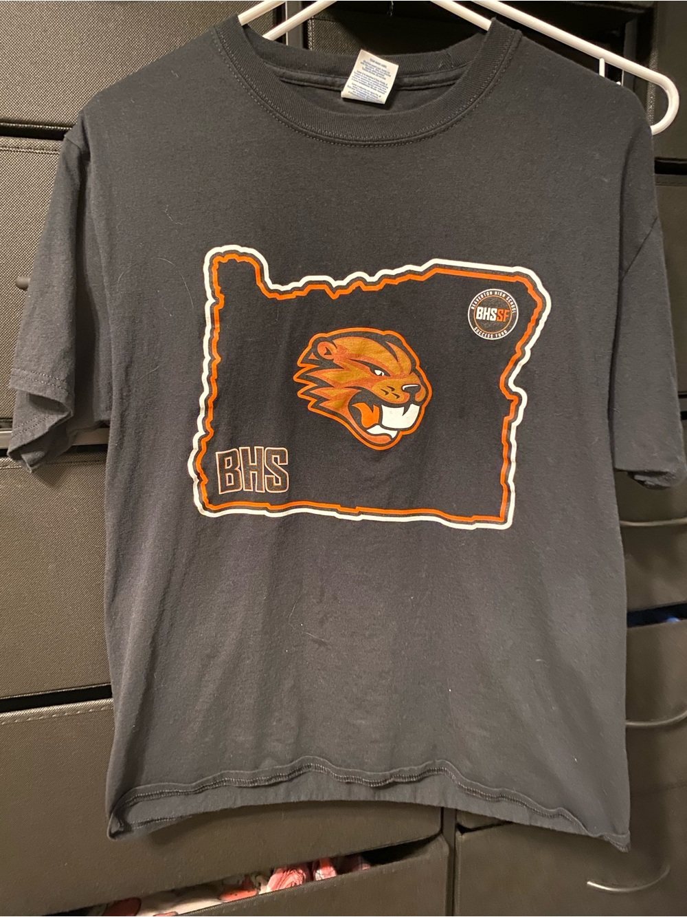 Port and Company Black Short Sleeve Tee with Orange and White Graphic